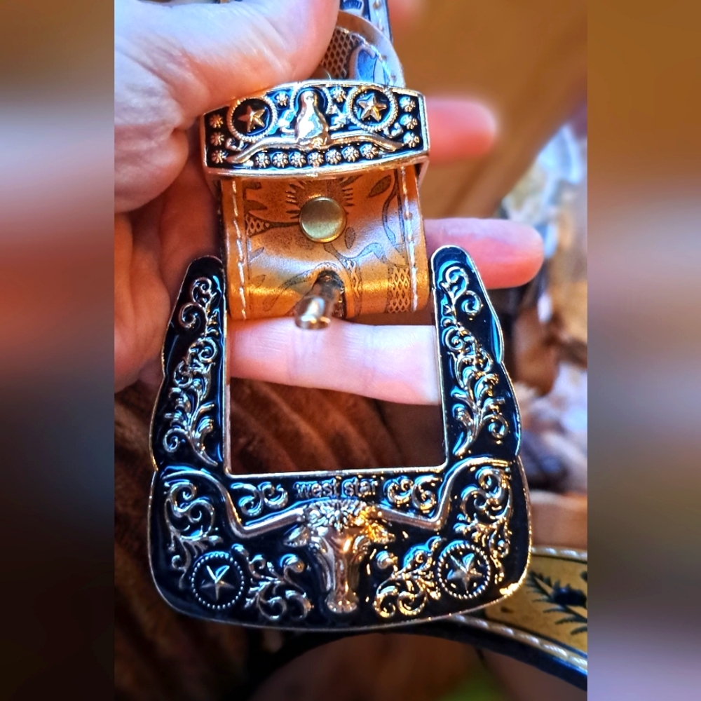 Western Belt Leather Gold Longhorn Bull Rider BullBlack Belt for Pants Size 46